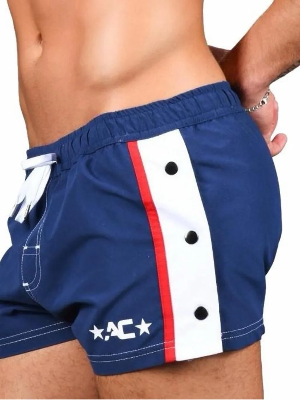 Andrew Christian Men's Navy Swim Shorts with Red Stripe S